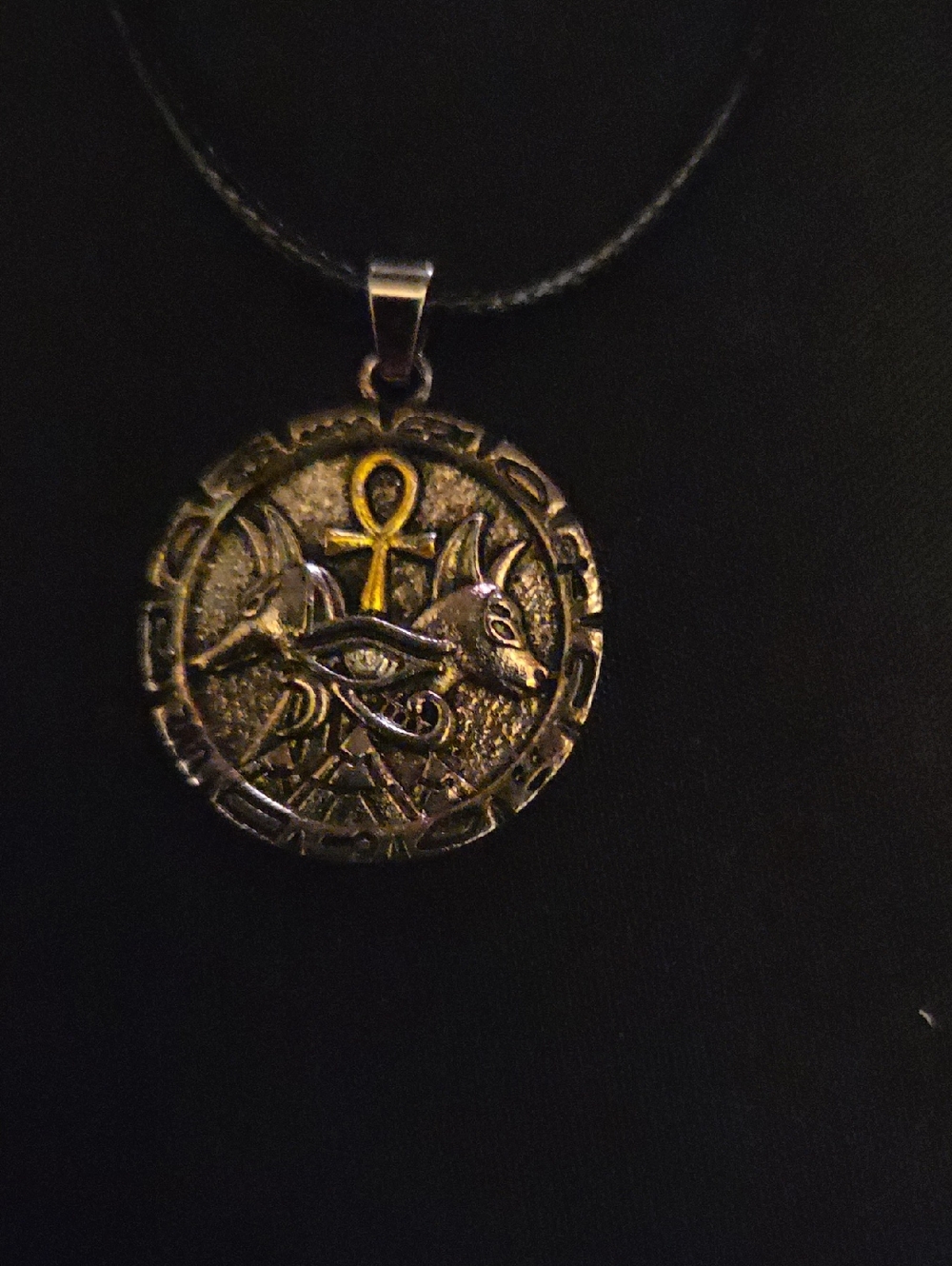 Egyptian Ankh & Eye Round Pendant Necklace - Gold & Silver Tones